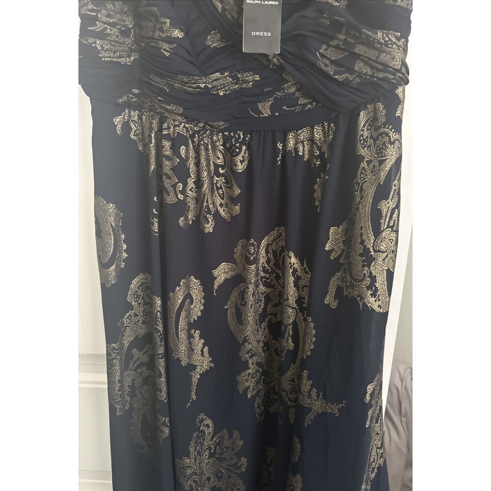 Lauren Ralph Lauren Women's Paisley Foiled Chiffon Sleeveless Gown Dress Navy 12 - Picture 8 of 14